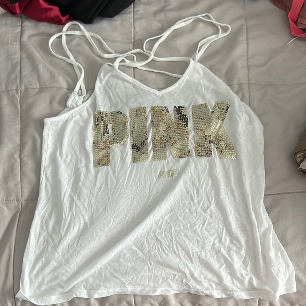 PINK Victoria's Secret White and Gold Sequin Tank Top